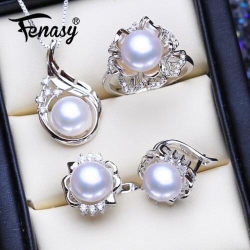 FENASY 925 Sterling Silver Pendant Necklace Natural Pearl Jewelry Sets For Women Bohemian Stud Earrings With Stones Party Rings