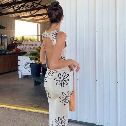 Serytee Open Back Sexy Party Dress For Women 2021 Summer Print Sleevless High Split Bodycon Dress Vintage Party Black Vestidos