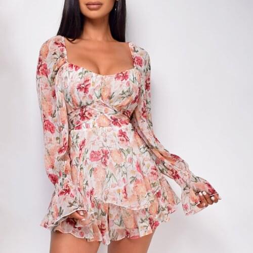 Chic Floral Print Chiffon Romper Women Spring Autumn Square Color Playsuit Beach Holiday Retro Pink Rompers Playsuits