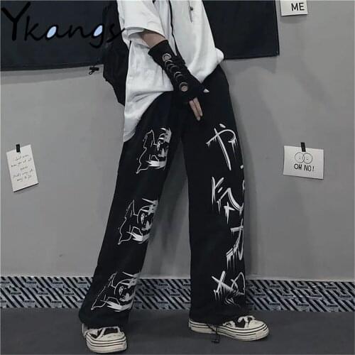 Hip Hop Wide Leg Baggy Pants Korean High Waist Anime Letter Print Womens Joggers Pant Man Trousers BF Harajuku Loose Streetwear