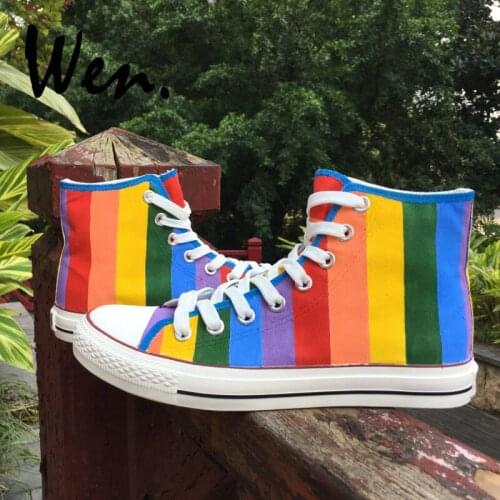 Wen Original Design Hand Painted Skateboard Shoes Bright Rainbow Customized Canvas Clause Unisex Shoes High Top Walking Sneakers