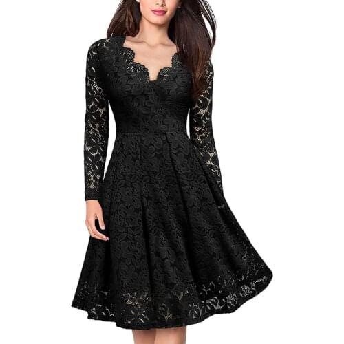 Spring Females Sexy Dresses V-neck Long-sleeved Solid color Lace Vestido de dama Plus size Loose Casual Women Dress Trend OK704