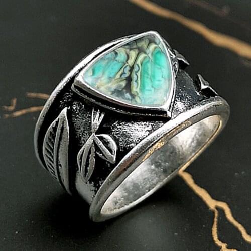 Vintage Luxury Triangle Turquoises Engagement Ring Punk Silver Color Rings Carved Leaves Ancient Rings for Women Boho Jewelry