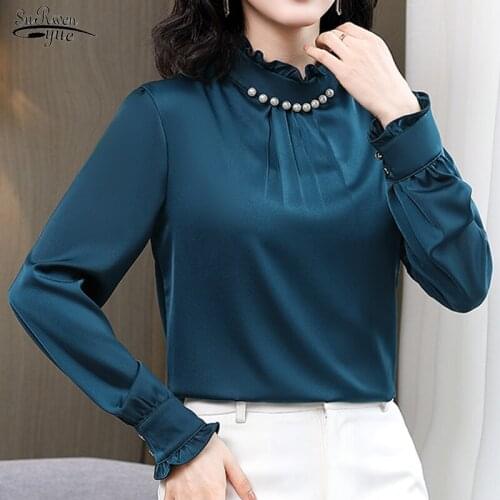 New Silk Womens Blouse with Beading Office Lady Stand Collar Satin Shirt for Women Long Sleeve Solid Female Blouse 13044