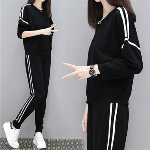 Womens Slimming Autumn Suit Black Clothing Loose Fashion Sweater And Pants Two-piece Set Woman Tracksuit