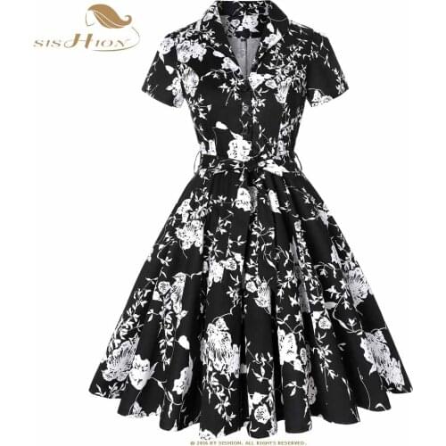 SISHION Cotton Summer Dress Elegant 2021 Short Sleeve Women Black with White Flower Floral Dress Plus Size Vintage Dress SD0002