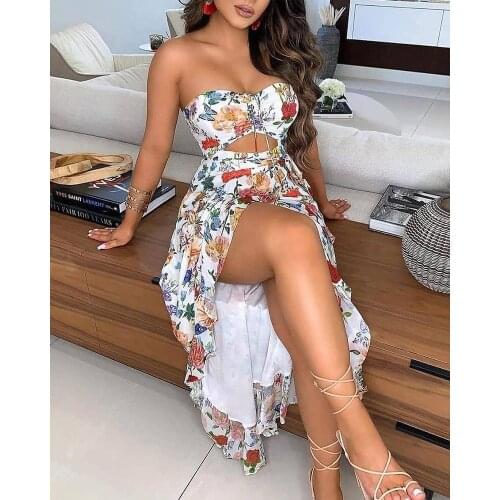 2021 Spring Summer Women Fashion Elegant Bandeau Floral Butterfly Print Cutout High Slit Dress Beachwear