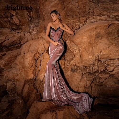Eightree 2021 Dusty Pink Long Mermaid Prom Dresses Sprkly V Neck Velour Evening Gown Women Party Dress Formal Gowns Custom made