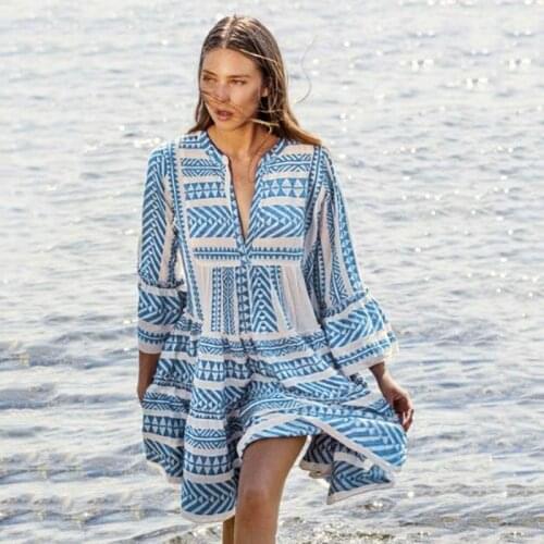 SuperAen Europe and The United States New Loose V-neck Print Dress Holiday Vacation Geometric Striped Casual Beach Dress Girl