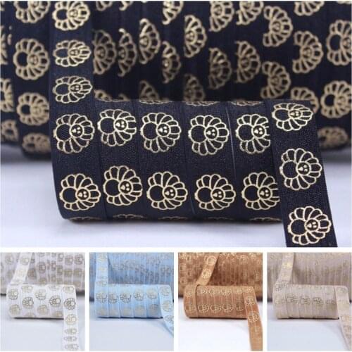 5 colors 5/8" gold foil printed turkey FOE fold over elastic for Thanksgiving Day accessaries 50yards/lot and 100yards/lot