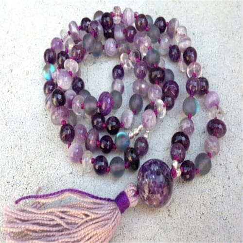 6MM Amethyst Moonstone Gemstone 108 Beads Mala necklace Tassel Gemstone Healing Chakas Handmade yoga Buddhism Bless Wristband