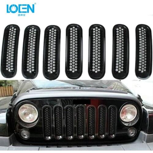 LOEN 7Pcs Car Front Grill Mesh Grill Insert Kit Sticker for Jeep Wrangle Rubicon Sahara JK 2007-2015 ABS Chrome Car Accessories
