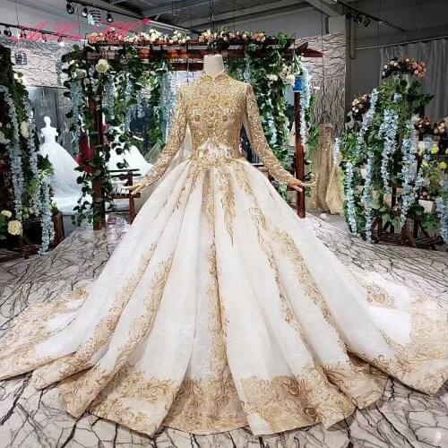 AnXin SH Luxury princess golden flower white lace beading crystal high neck dubai long sleeve wedding dress 100% real photo