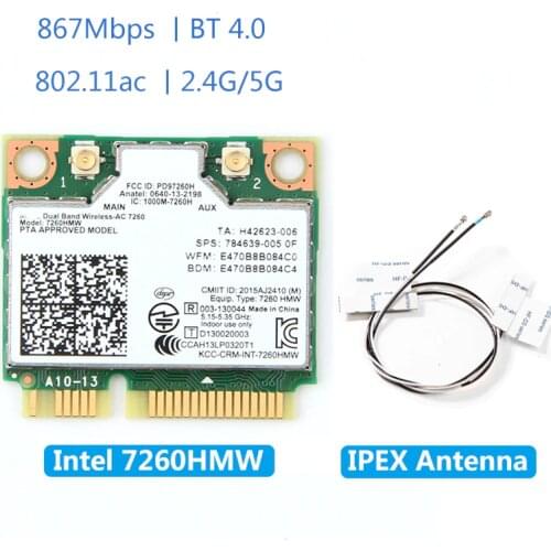 Wireless 7260HMW Mini PCI-E Card For Intel AC 7260 Dual Band 867Mbps 802.11ac 2.4G/5G Bluetooth 4.0 + 2x U.FL IPEX Antenna