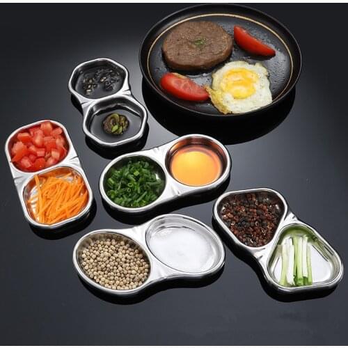 Stainless Steel Grid Seasoning Dish Small Sushi Sauce Plate Soy Hot Pot Dipping Bowl Vinegar Appetizer Tray Kitchen Utensils