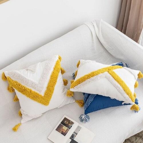 Throw Pillow Covers Boho Modern Tribal Decoration Blue Tufted Fringe Tassel Couch Cushion Case for Bedroom Living Room Sofa Car