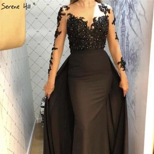 Black Long Sleeves Mermaid Satin Prom Dresses 2020 O-Neck Flowers Diamond Prom Long Elegant Dresses Serene Hill BLA70246