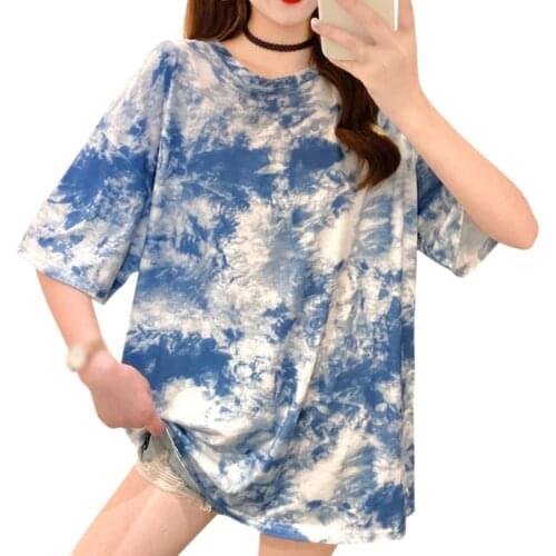 Short-sleeved T-shirt Tie Dye Womens Summer Loose Round Neck Tie-dye Splash Ink Tee Tops