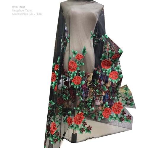 Plant chrysanthemum red floral embroidered mesh lace fabric