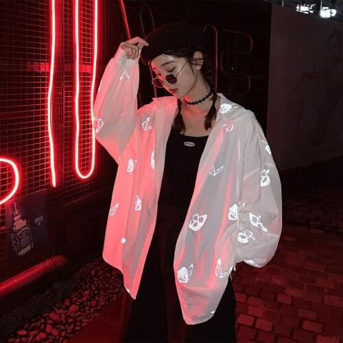 Streetwear Fashion Print Jacket Women Hooded Coat Luminous Butterfly Long Sleeve Sun protection Jacket Summer Thin Outerwear