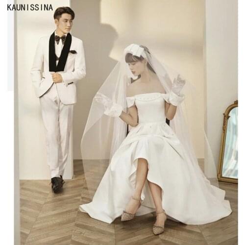 KAUNISSINA Fashion High Low Wedding Dress Vestido De Noiva Short Sleeve Sexy Off Shoulder Bridal Gown White Simple Bride Dresses