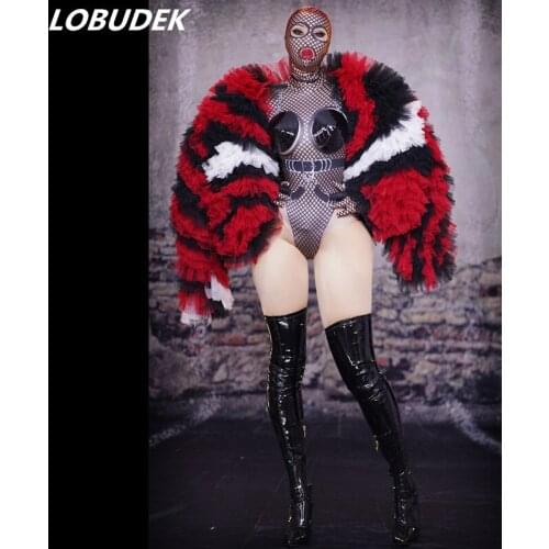 Nightclub Women DJ Singer Sexy Stage Outfit Elastic Gird Printed Tights Bodysuit Red Cloak Performance Costume Bar Show Clothing