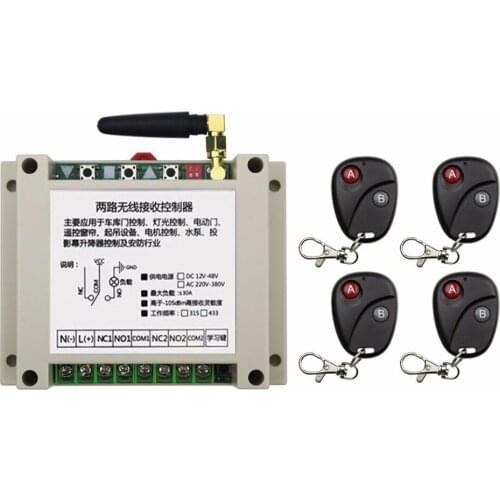 2017 New DC12V 24V 36V 48V 10A 2CH 2Channe RF wireless remote control switch System, 4 X Transmitter + 1 X Receiver,315/433 MHZ