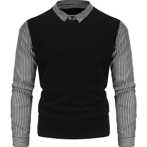 YM631 Autumn British Slim Fit Mens Fake Two Pullovers British Striped Shirts Sweaters