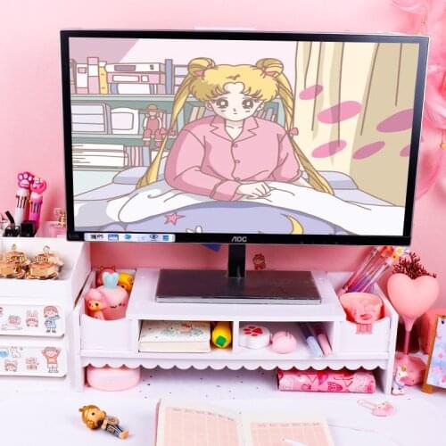 50*20cm Cute Pink Monitor Stand Desktop Storage Wood Bracket Notebook Desktop Computer Monitor Increase Rack Office Supplies