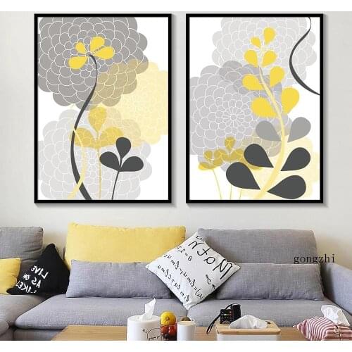 Yellow and Gray Leaves Nordic Posters Minimalist Abstract Canvas Painting and Prints Wall Art Picture for Living Room Home Decor