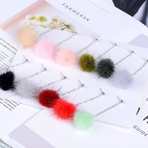 Todorova Sweet Rabbit Hair Ball Korean Dangle Earrings Soft Mink Fur Ball Pompom Drop Earrings for Women Plush Furry Earring