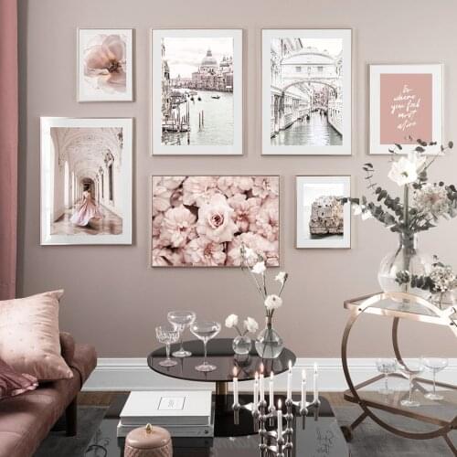 Venice City Palace Pink Flower Girl Wall Art Canvas Painting Nordic Posters And Prints Wall Pictures For Living Room Home Decor