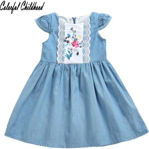 Vintage lace flower embroidery denim dress for baby girls ruffles vest dress summer toddler baby vestidos children clothes 2T-6
