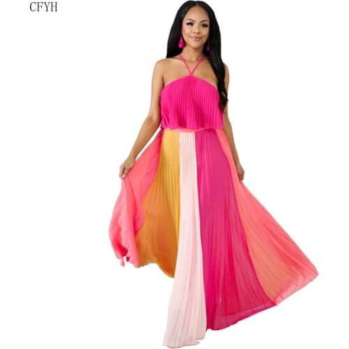 Women Halter Neck Sleeveless Colorful Patchwork Pleated Floor Length Maxi Dress Party Sexy Chiffon Long Dress
