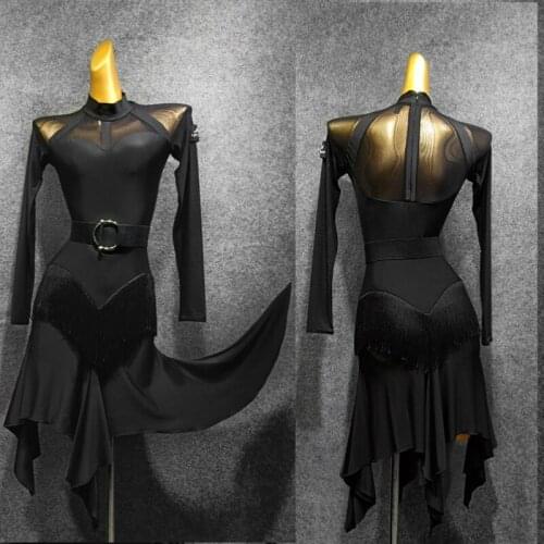 Latin Dance Sexy Black Dress Women Net Yarn Back Zipper Irregular Practice Skirt with Belt Dance Dress Salsa Jazz Modern