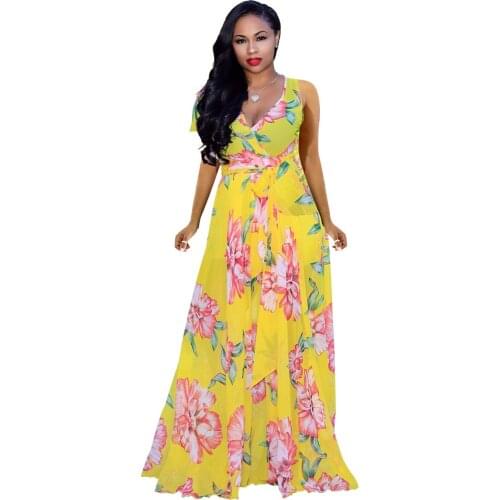 Summer European and American fashion womens deep V-neck beautifully printed chiffon sweet sleeveless stretch dress AL05