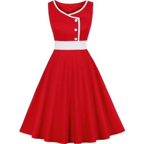 2021 Women Vintage Clothes Sleeveless Button High Waist Rockabilly Dress Red Elegant Party A-Line Summer Tunic Dresses Cotton