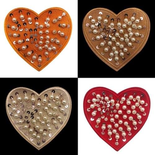 3D Handmade Rhinestone Beads Patches for Clothing DIY Sew on Love Heart Parches Embroidery Flower Appliques