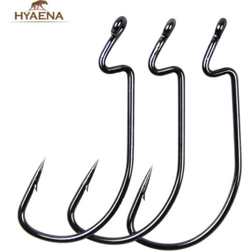 Hyaena 150pcs 38105 High Carbon Steel Fishhook Black Barbed Gap Fishing Hooks Offset Jig Texas Rigs Circle Hooks 1/0 2/0 3/0 4/0