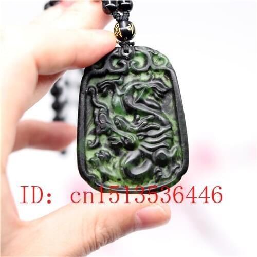 Chinese Black Green Jade Dragon Pendant Natural Hand Carving Necklace Fashion Amulet Luck Gifts Men Sweater Chain