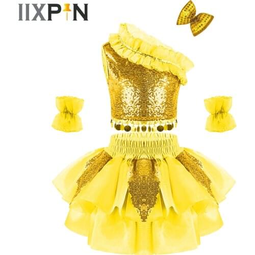 Girls Cool Jazz Dance Dress Kids Shiny Sequin Modern Dance Costume Oblique Shoulder Jazz Costumes Professional Stage Dancewear