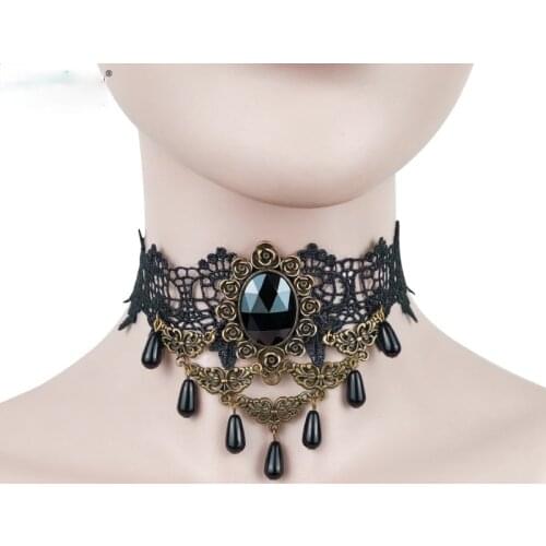 Fashion Goth Pendant Necklace Women Aesthetic Black Lace Choker Collarbone Chain Fake Collar Jewelry Initial Charm Party Gift