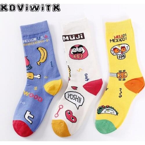 Fashion Cartoon Fruit letter Short Socks womens yellow Casual Winter Cotton Sock White Kawaii Cute Girls Harajuku happy Warm Sox