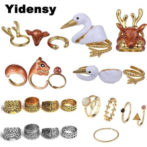 Yidensy Fashion Ring Sets Bohemian Hollow Swan Elk Squirrel Animal Ring Geometric Knuckle Midi Rings for Women Party Jewelry