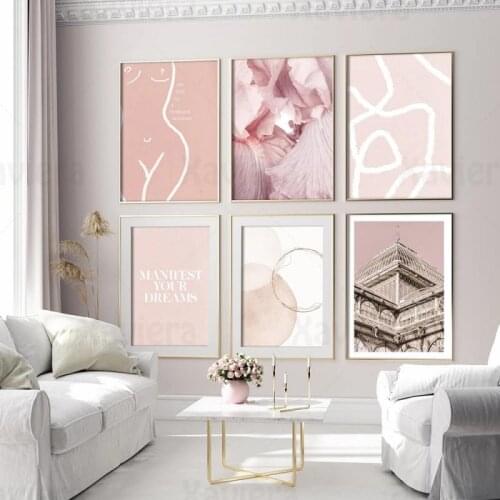 Nordic Wall Poster Pink Painting Flower Nude Woman Abstract Line Quote Print Scandinavian Canvas Painting Living Room Decor