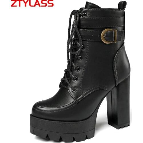 Autumn Platform Women Boots Square High Heel Ankle Boots Lace Up Zipper Motorcycle boots Winter Plush Ladies Shoes