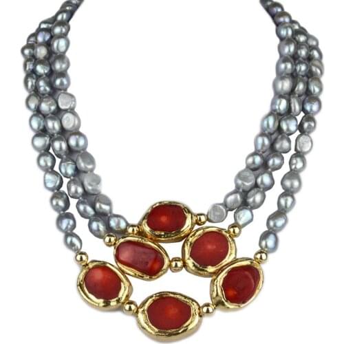 Natural Freshwater Pearls Necklcae Coral Pendant Gold Color Exquisite Fine Jewelry 3 Rows Beads Pearls For Women Gift Accessory