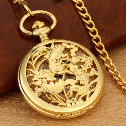 Luxurious Golden Hollow Out Fish Design Manual Mechanical Pocket Watch Men Arabic Numerals Dial Women FOB Chain Pendant Gift
