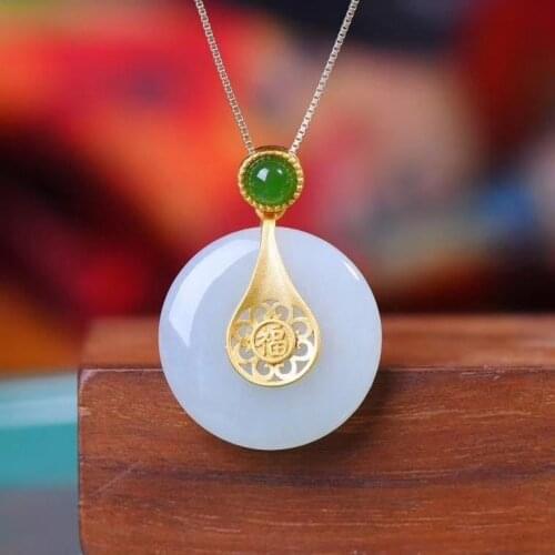 Silver inlaid natural Hetian white jade round brand pendant Chinese style retro palace Bohemian style womens jewelry