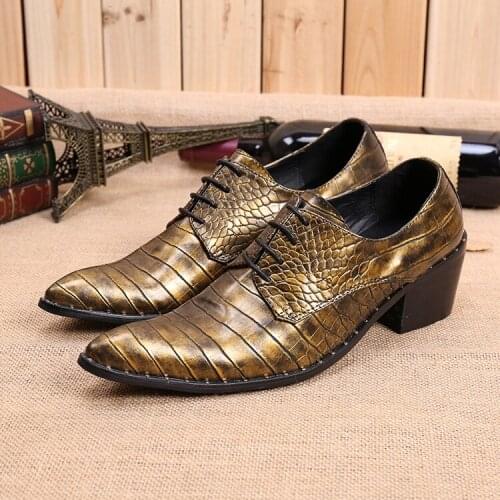 Mens italian leather shoes male high heels genuine leather loafers pointed gold dress shoes men crocodile skin shoes mariage